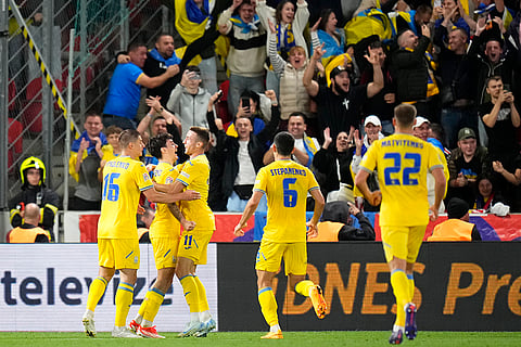 UEFA Nations League, Czech Republic vs Ukraine: Ukraine's Vladyslav Vanat, 3rd left, celebrates after scoring his side's first goal